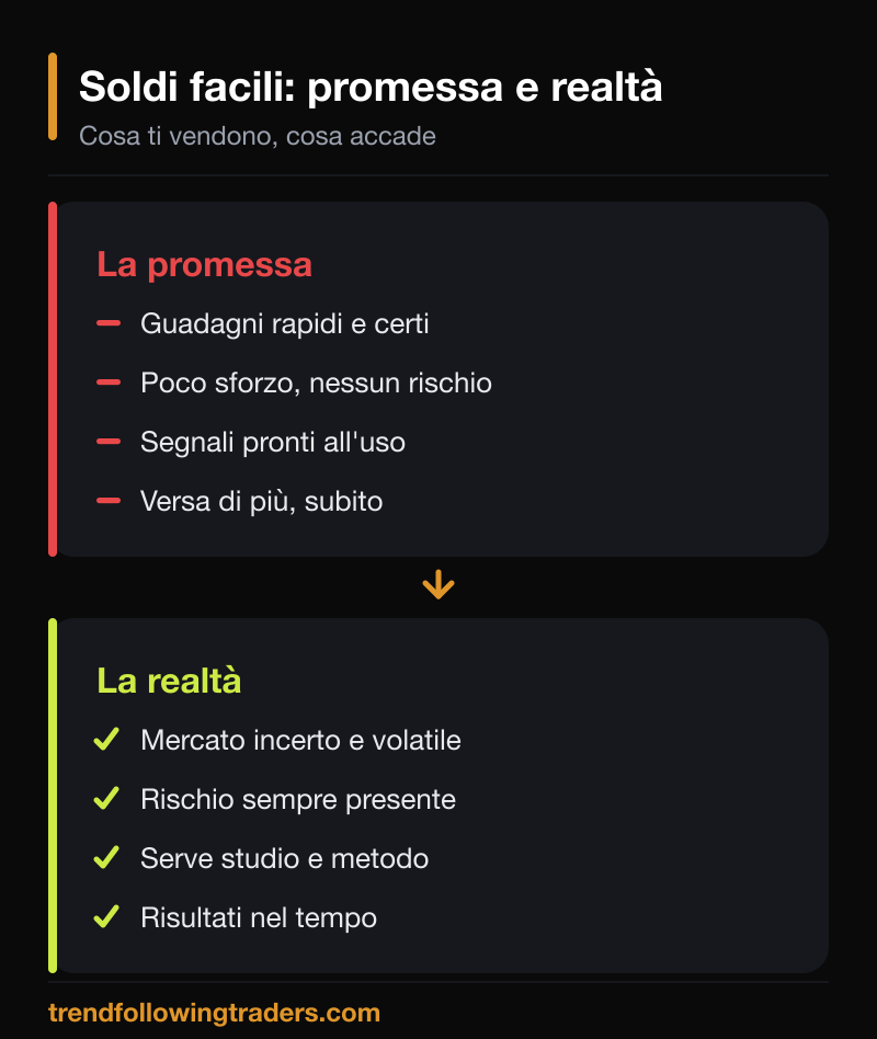 La promessa di soldi facili nel trading contro la realtà operativa fatta di rischio e metodo.
