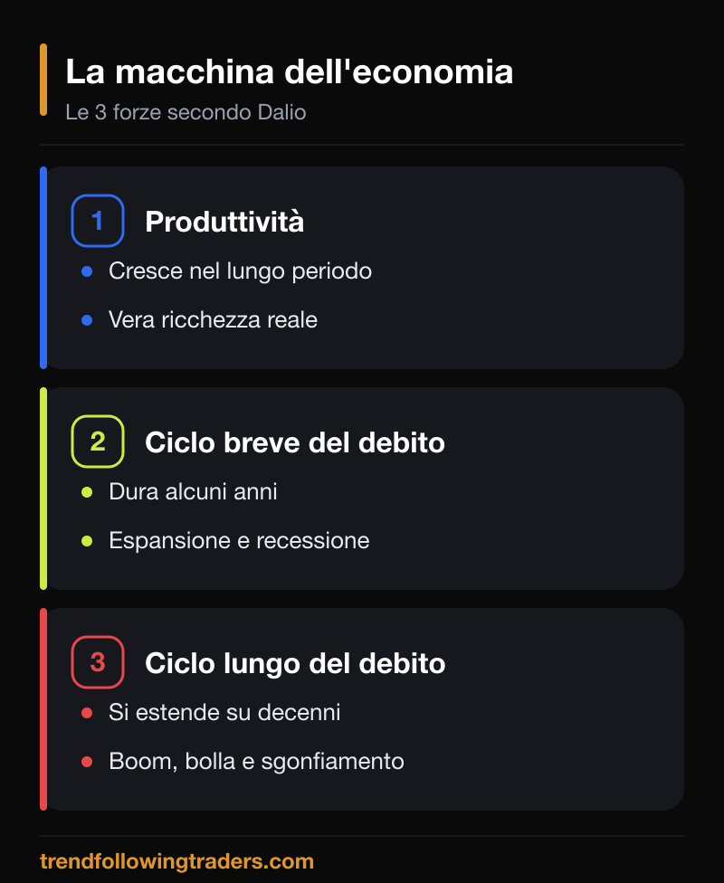 La macchina dell'economia di Ray Dalio: produttività, ciclo breve e ciclo lungo del debito