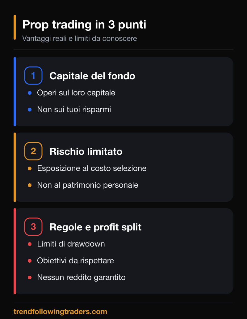 Prop trading in tre punti: operi sul capitale del fondo, rischio limitato al costo della selezione, regole e profit split.