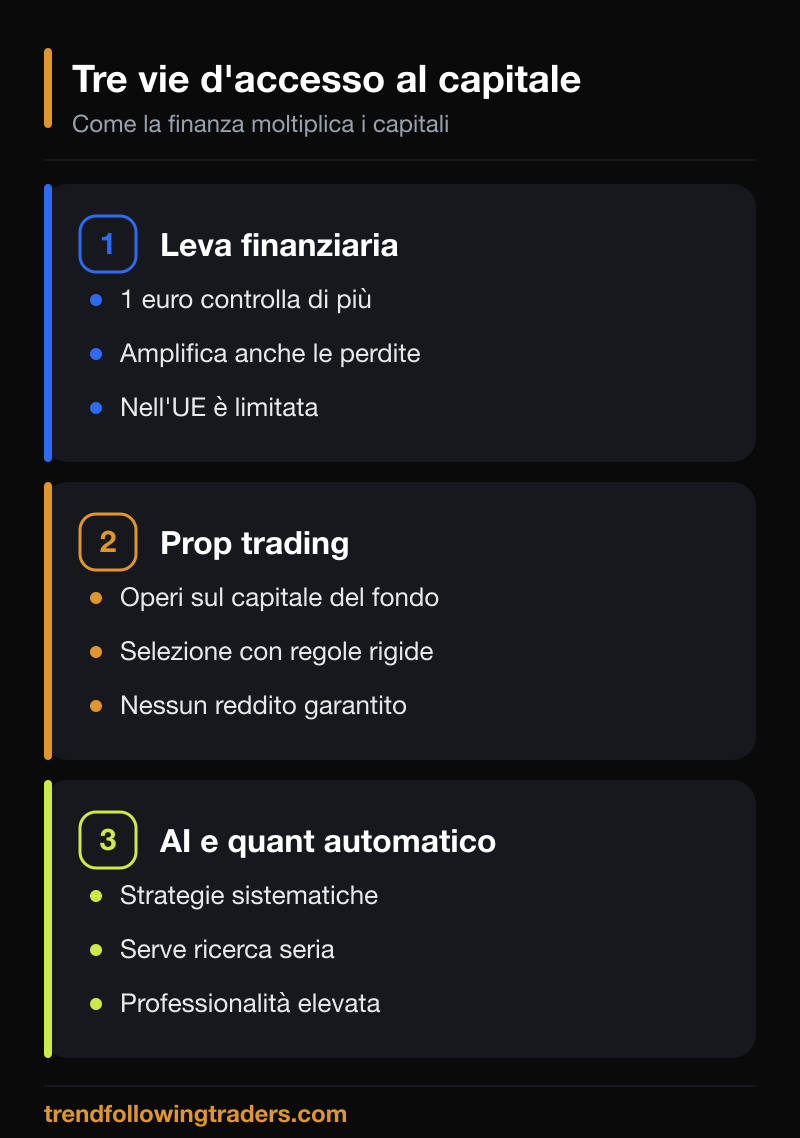 Tre vie d'accesso al capitale della finanza: leva finanziaria, prop trading e trading quantitativo con AI.