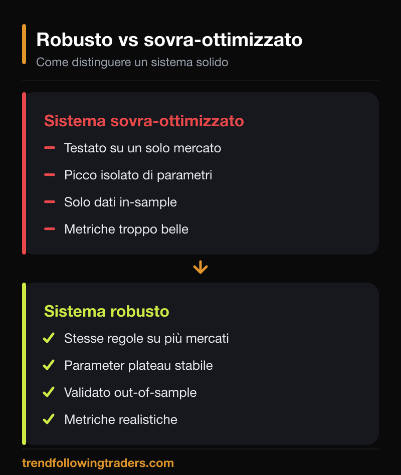 Confronto tra un sistema di trading robusto e uno sovra-ottimizzato con il curve fitting.