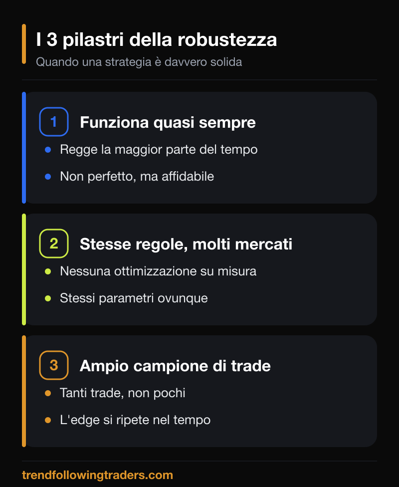 I 3 pilastri dei sistemi di trading robusti: funziona quasi sempre, stesse regole su molti mercati, ampio campione di operazioni.