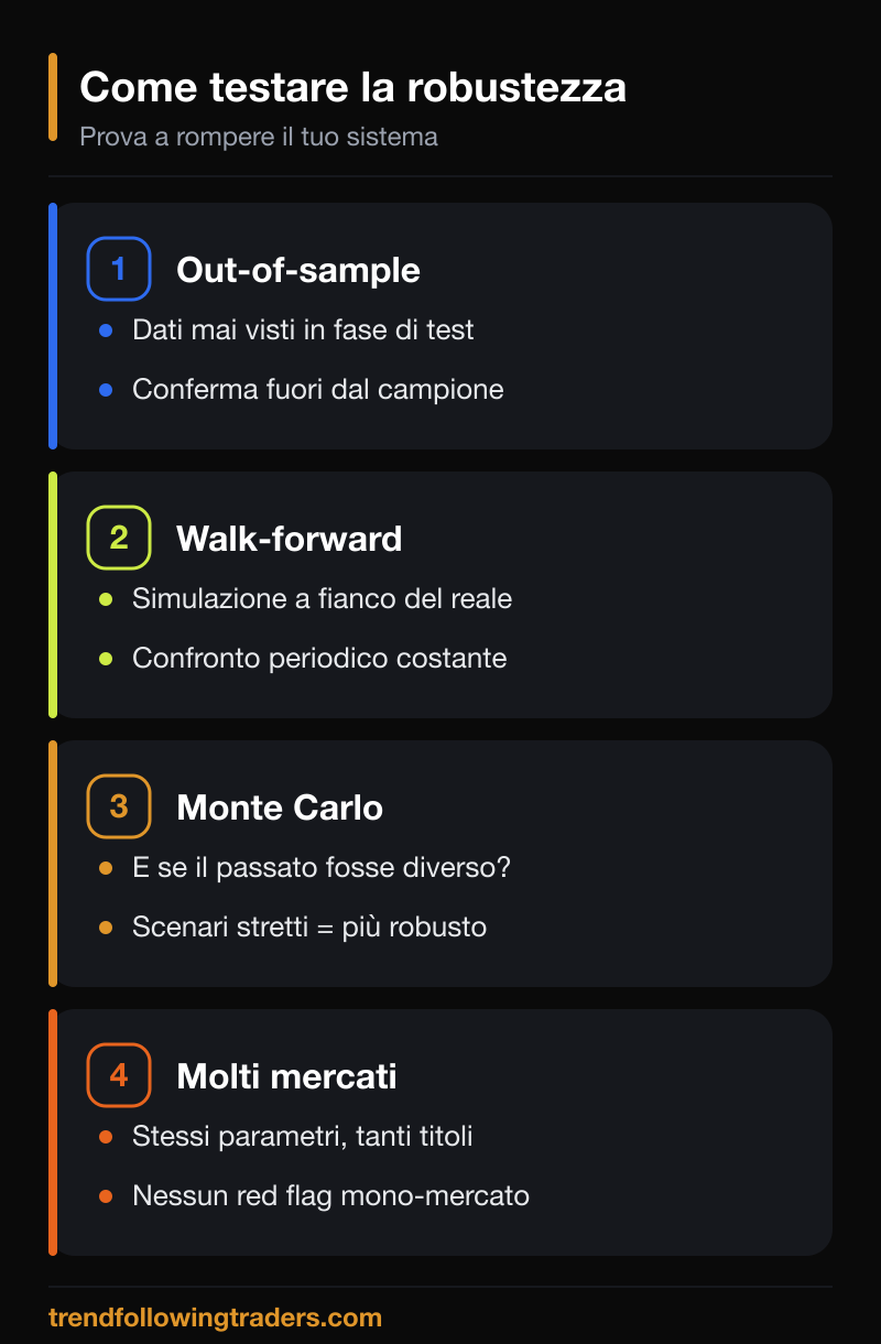 Come testare i sistemi di trading robusti: out-of-sample, walk-forward, Monte Carlo e molti mercati.