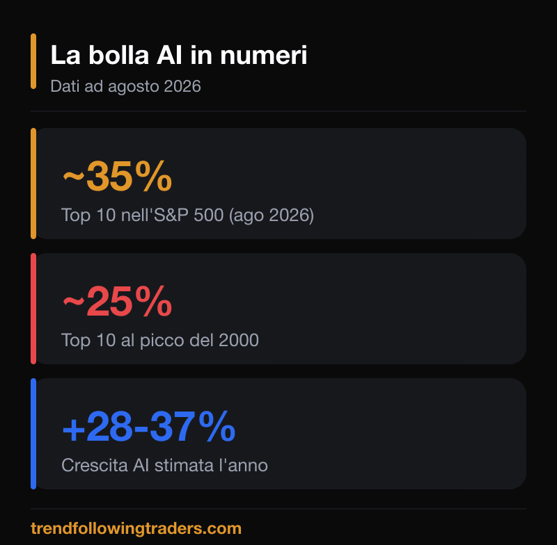 La bolla AI in numeri ad agosto 2026: le prime 10 azioni valgono circa il 35% dell'S&P 500 contro il 25% al picco del 2000, con l'AI in crescita del 28-37% l'anno.