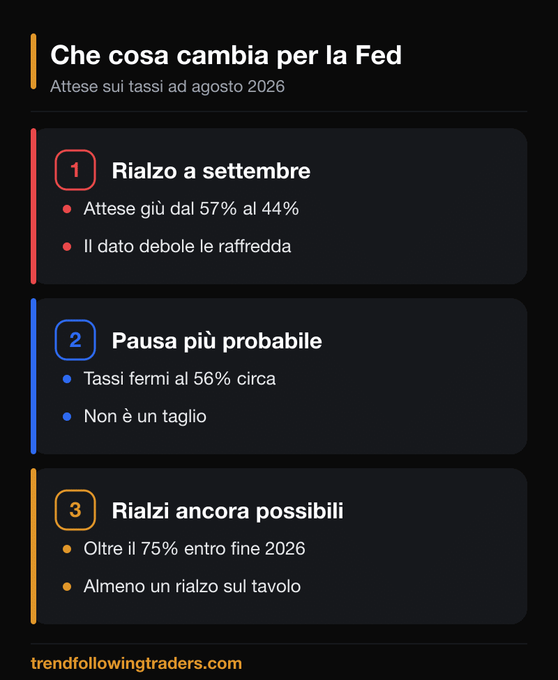Cosa cambia per i tassi di interesse Fed a settembre 2026: attese di rialzo scese dal 57 al 44 per cento, pausa più probabile, rialzi ancora possibili.