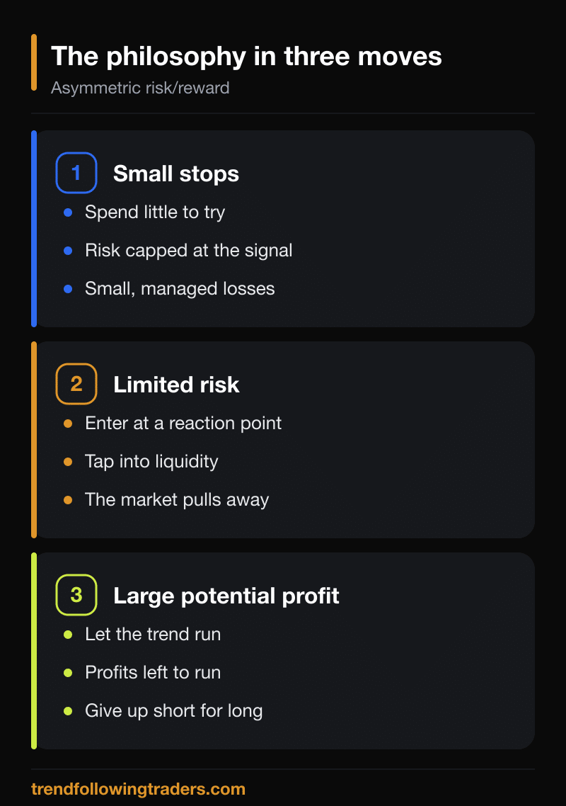 Risk reward in trend following in three moves: small stops, limited risk, large potential profit.