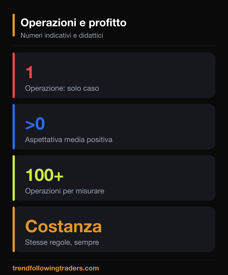 Operazioni e profitto: numeri indicativi su aspettativa positiva, costanza e legge dei grandi numeri nel trading.