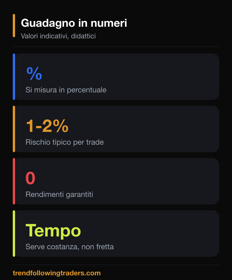 Aspettative realistiche su quanto si guadagna con il trading, espresse come percentuali indicative.