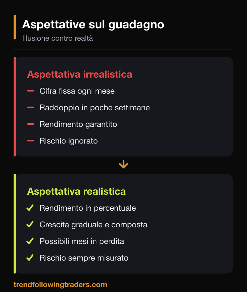 Quanto si guadagna con il trading: aspettative realistiche contro illusione di guadagni rapidi.