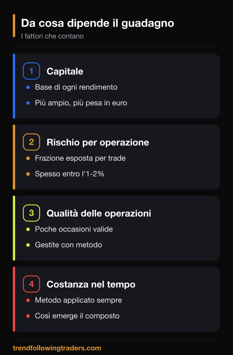 I fattori che determinano quanto si guadagna con il trading: capitale, rischio, win rate e costanza.