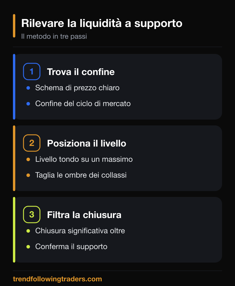 I passi del metodo per rilevare la liquidità a supporto oltre un confine di prezzo.