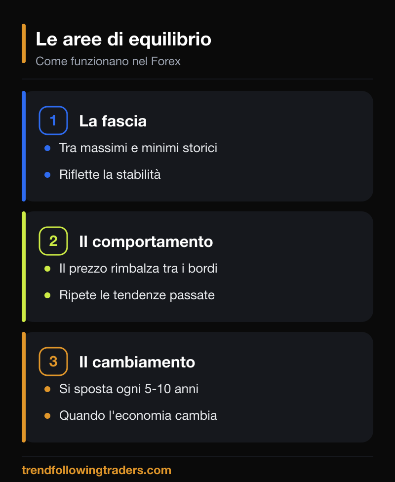 Come funzionano le aree di equilibrio nel Forex: fascia tra massimi e minimi storici.