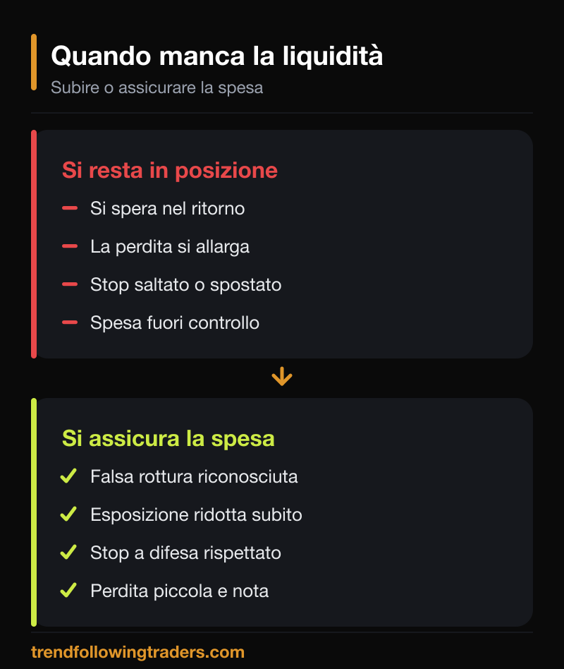 Confronto: restare in posizione fa allargare la perdita, assicurare la spesa la mantiene piccola e nota.