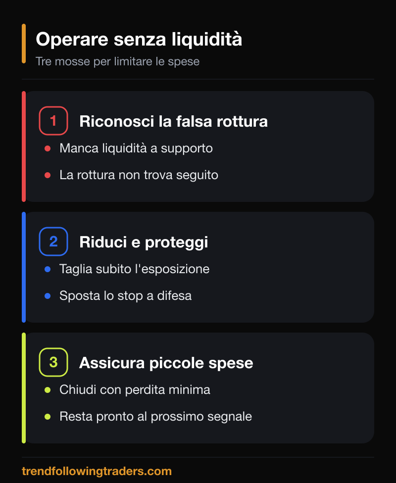 Operare senza liquidità: tre mosse per riconoscere la falsa rottura, ridurre e assicurare piccole spese.