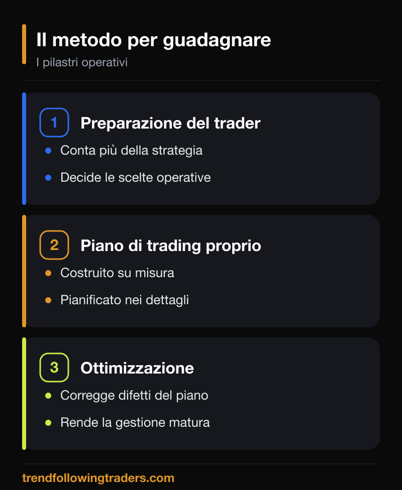 Come guadagnare con il trading: i tre pilastri del metodo operativo, preparazione, piano e ottimizzazione.