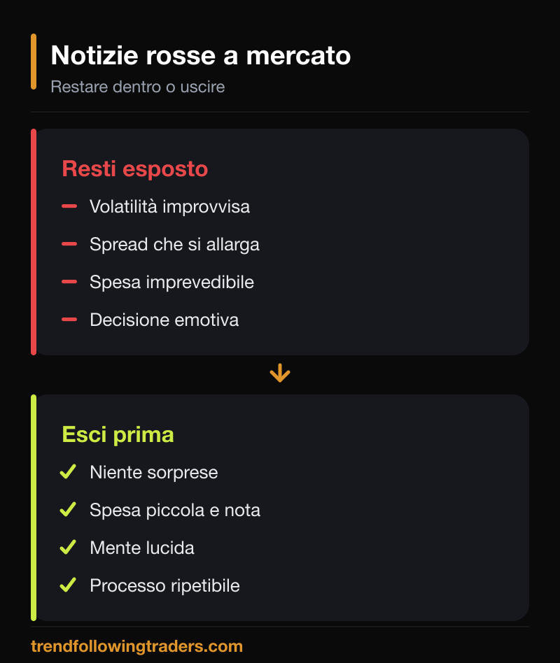 Confronto tra restare esposti alle notizie rosse e uscire prima: volatilità contro spesa piccola e nota.