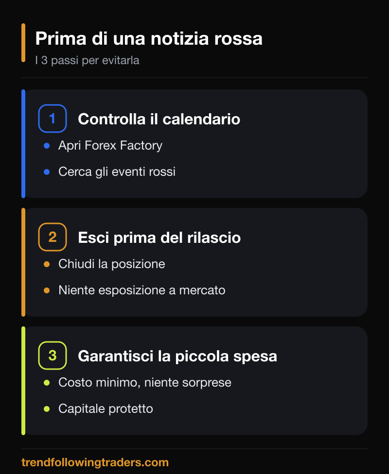 I tre passi per evitare le notizie nel trading: calendario, uscita prima del rilascio, piccola spesa.
