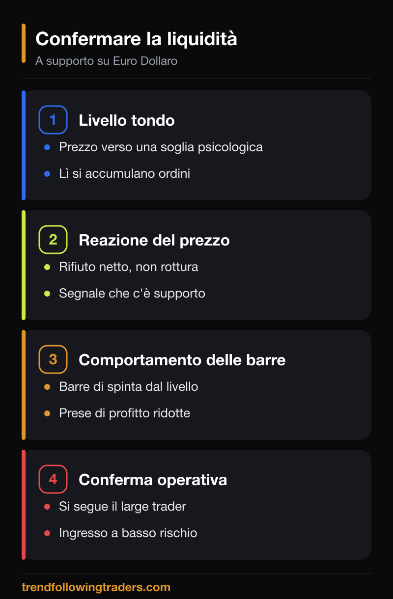 Come confermare la liquidità su Euro Dollaro in quattro passi: livello tondo, reazione del prezzo, comportamento delle barre e conferma operativa.
