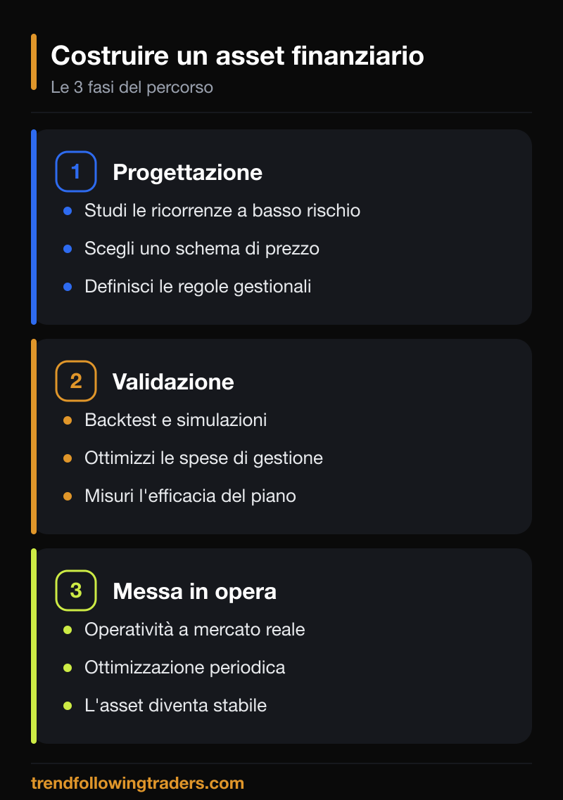 Come creare un asset finanziario: le tre fasi di progettazione, validazione e messa in opera.