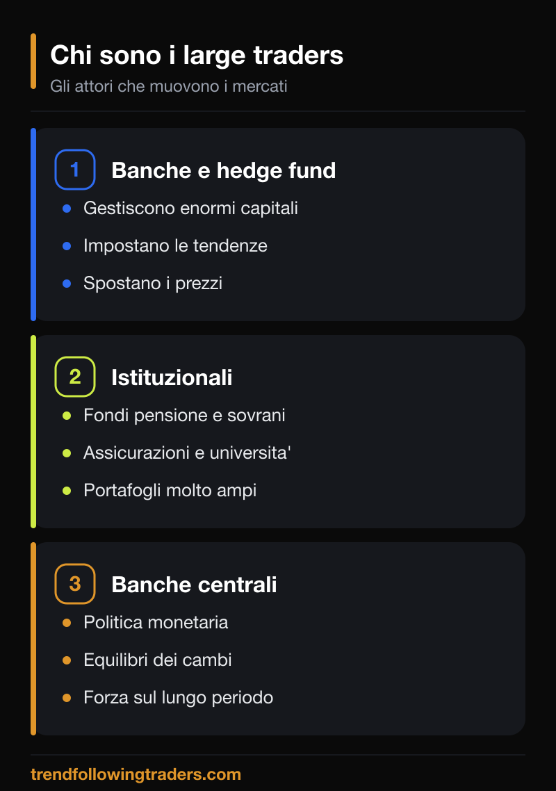Chi sono i large traders nel Forex: banche e hedge fund, investitori istituzionali e banche centrali.