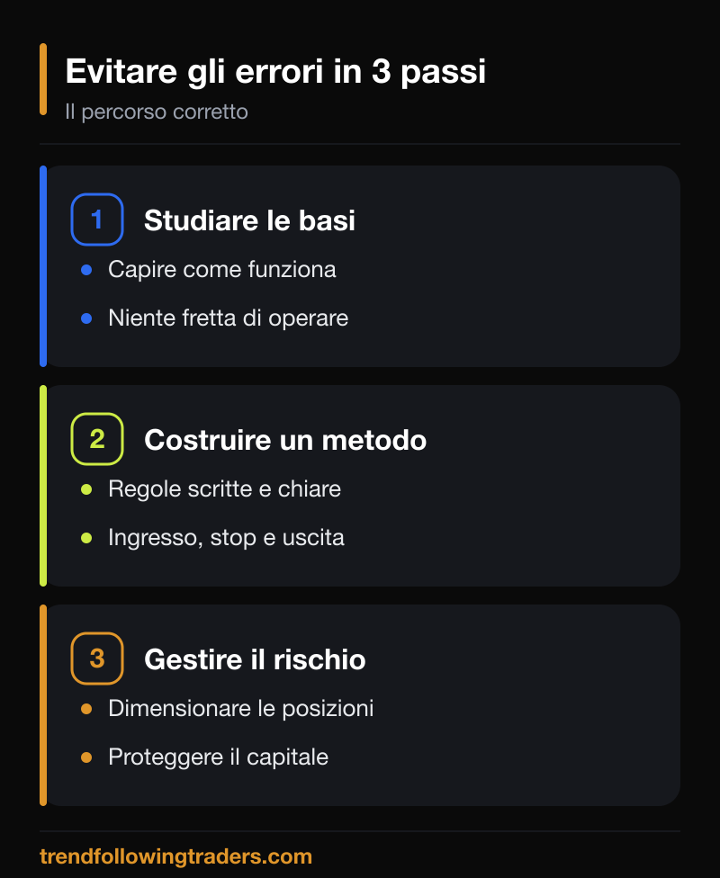 Tre passi per evitare gli errori nel trading: studiare, costruire un metodo, gestire il rischio.