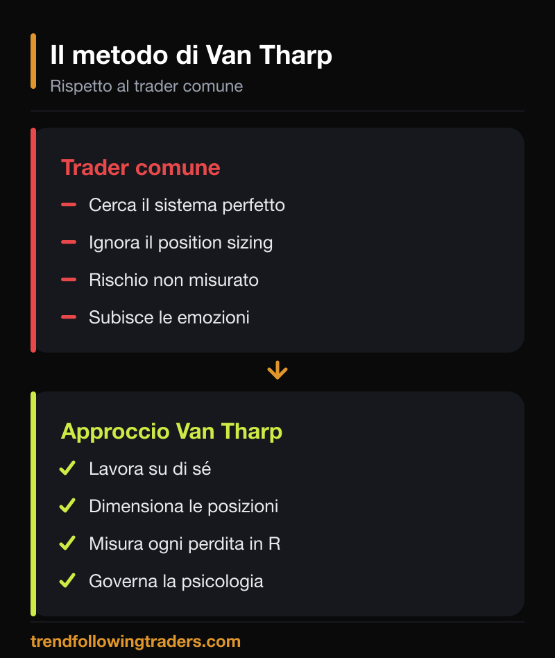 Il metodo di Van Tharp rispetto al trader comune: position sizing, R e controllo emotivo.