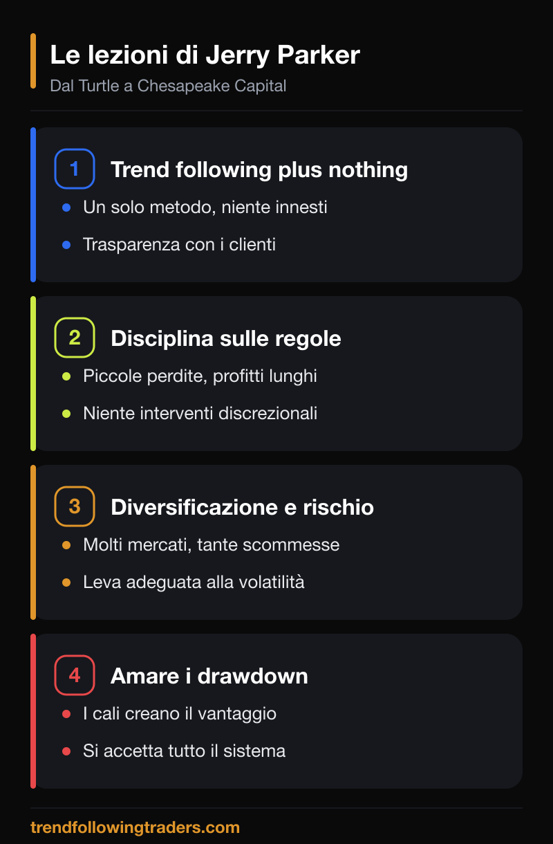 Le lezioni operative di Jerry Parker: regole, diversificazione, controllo del rischio.