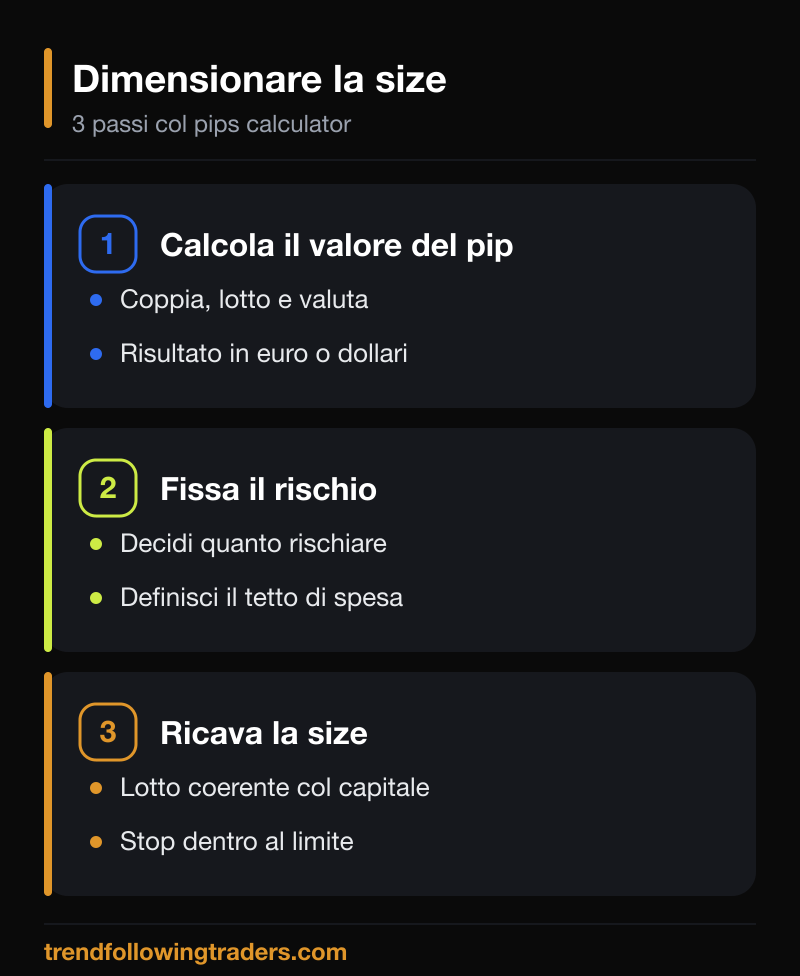 I tre passi per dimensionare la size con il pips calculator