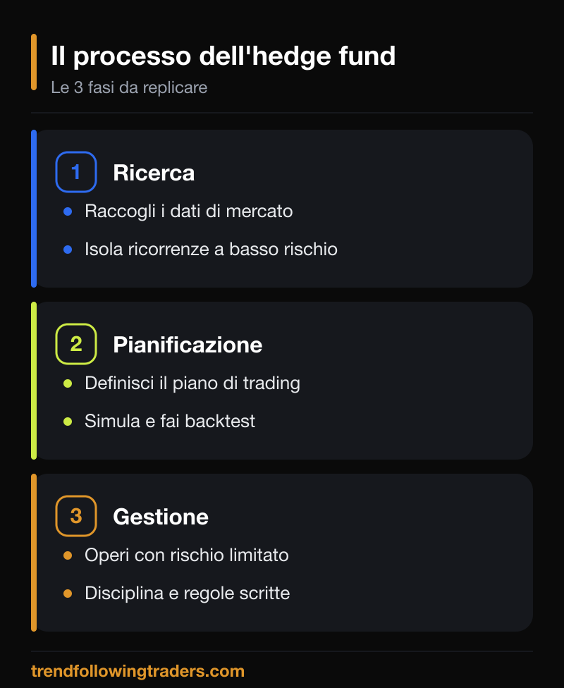Studiare il trading come un hedge fund: le tre fasi del processo, ricerca, pianificazione e gestione.