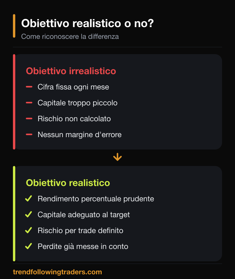Confronto tra un obiettivo di profitto irrealistico e uno realistico in un piano di trading.
