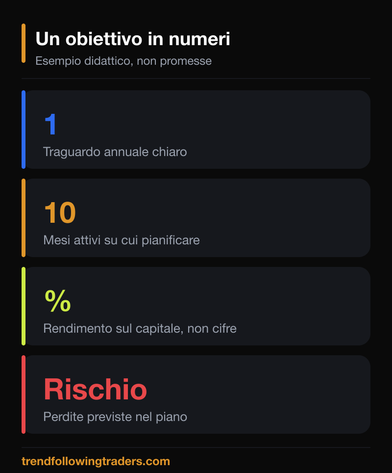 Un piano di trading per obiettivi tradotto in numeri indicativi: traguardo annuale, mesi attivi, rendimento e rischio.