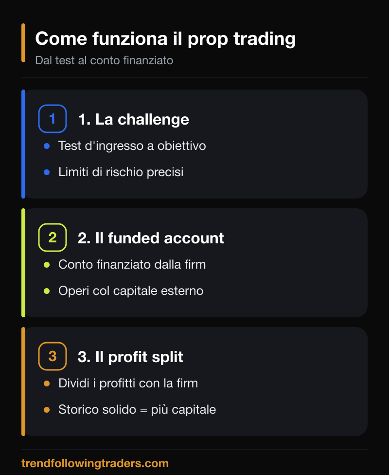 Come funziona il prop trading in tre passi: challenge, funded account, profit split.
