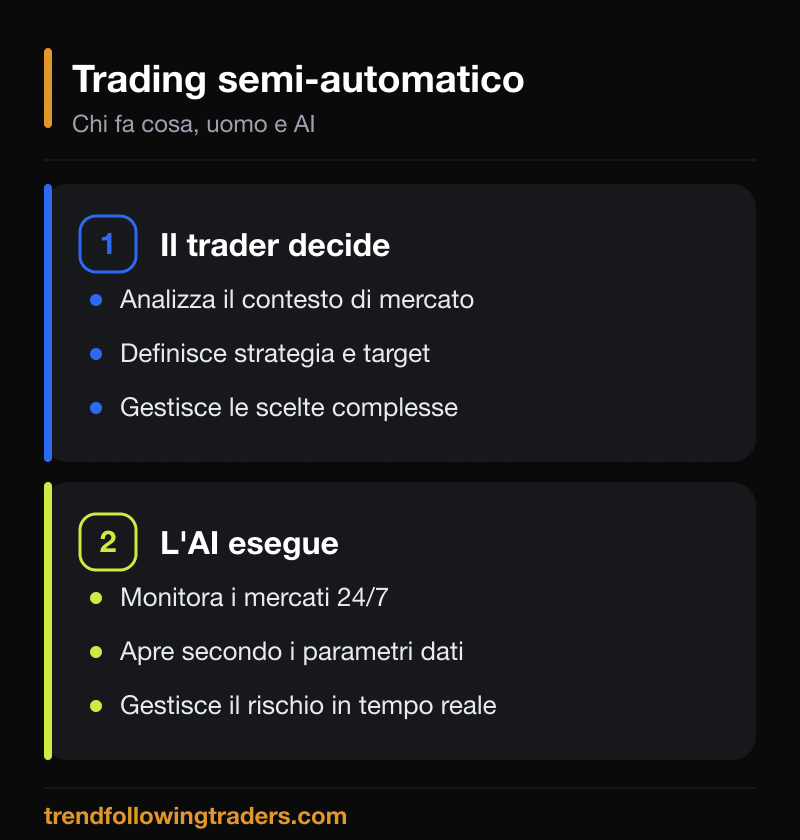 Trading semi-automatico con intelligenza artificiale: il trader decide la strategia, l'AI esegue e gestisce il rischio 24/7