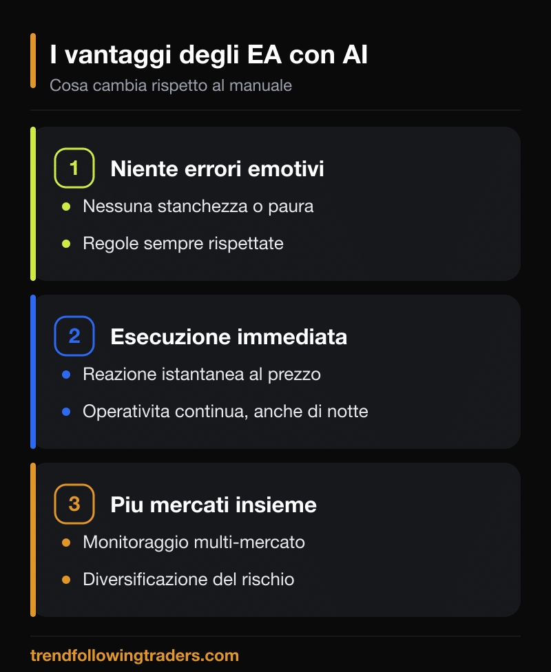 Vantaggi degli Expert Advisor con intelligenza artificiale: niente errori emotivi, esecuzione immediata, gestione multi-mercato
