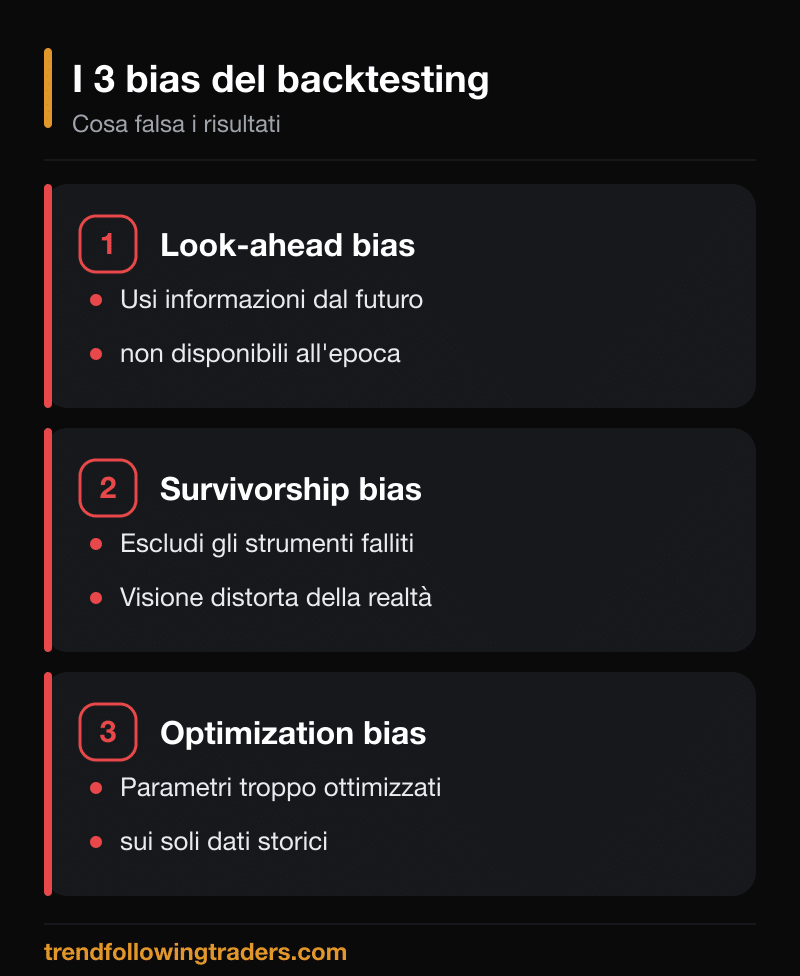 I tre bias del backtesting da evitare: look-ahead, survivorship e optimization bias.