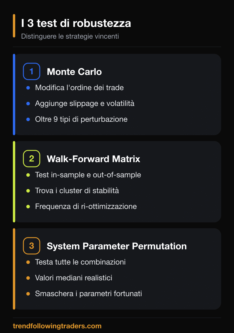 I tre test di robustezza: simulazioni Monte Carlo, Walk-Forward Matrix e System Parameter Permutation.