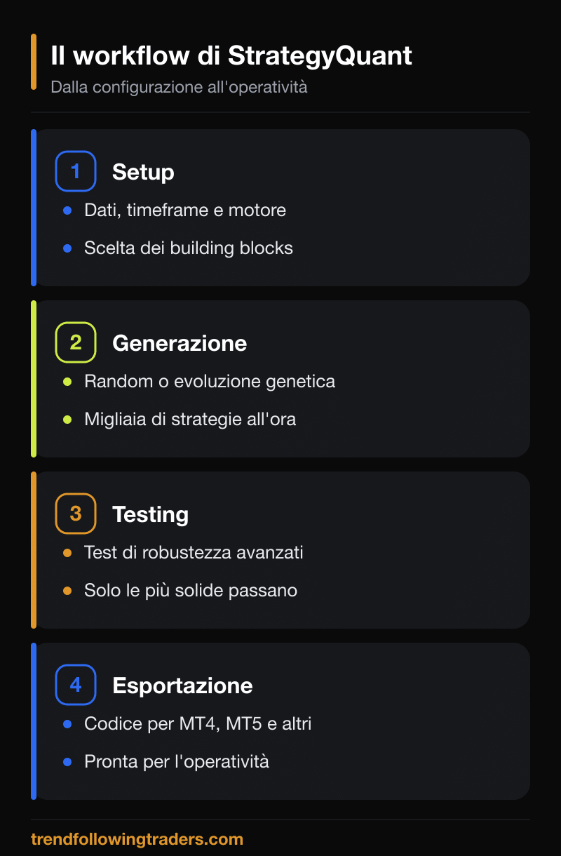 Il workflow di StrategyQuant: setup, generazione, testing ed esportazione del codice.