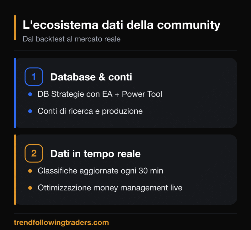 L'ecosistema dati: DB Strategie con Expert Advisor e Power Tool, conti di ricerca e produzione, classifiche in tempo reale.