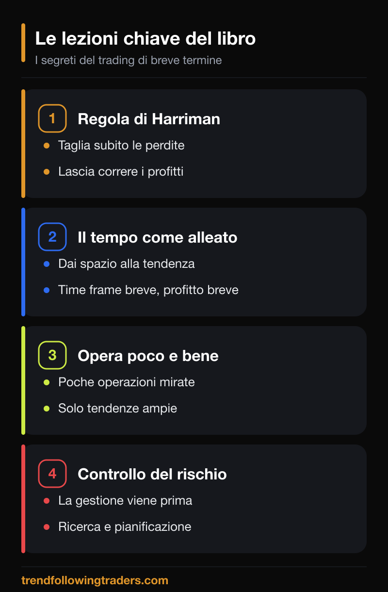 Le lezioni chiave de I segreti del trading di breve termine: regola di Harriman, tempo, poche operazioni, rischio.
