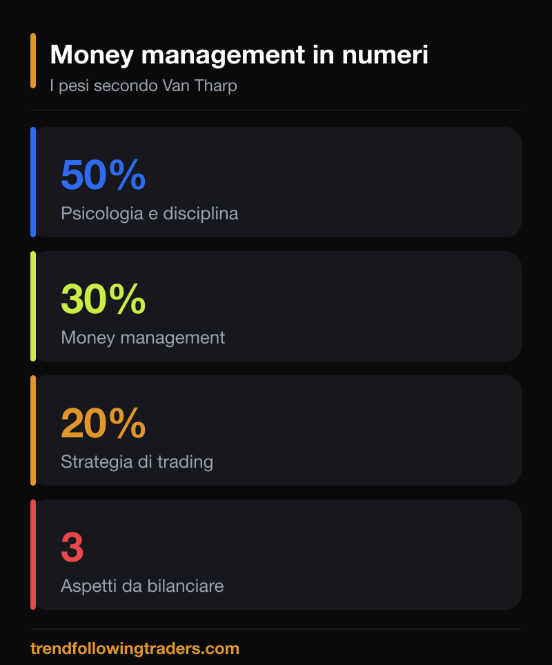I pesi del money management di Van Tharp in numeri: 50% psicologia, 30% gestione, 20% strategia.