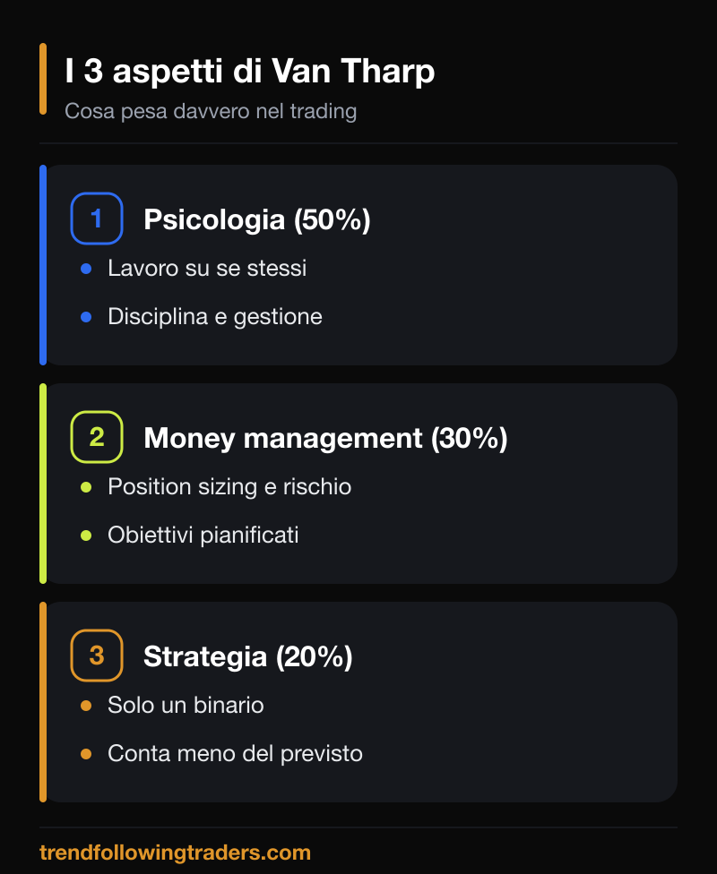 I 3 aspetti del money management di Van Tharp: psicologia 50%, money management 30%, strategia 20%.