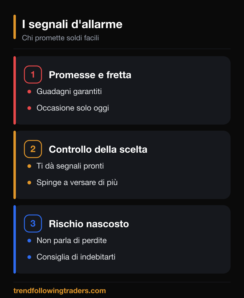I segnali di allarme di chi promette soldi facili nel trading: pressione, segnali pronti, rischio nascosto.