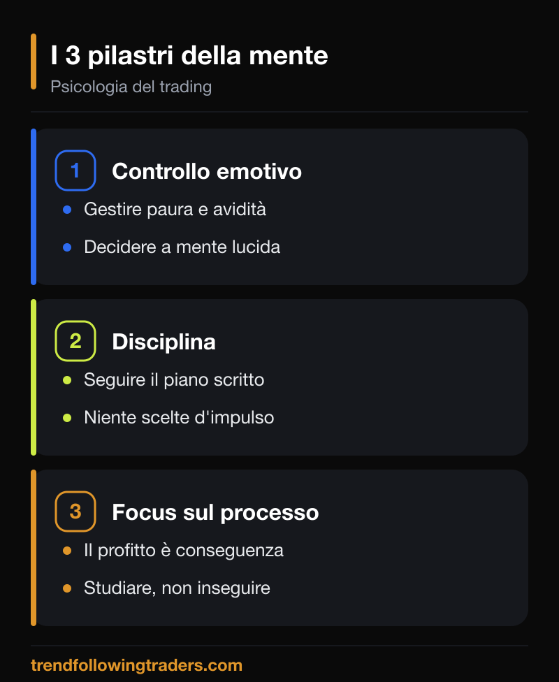 I tre pilastri della psicologia del trading: controllo emotivo, disciplina e orientamento al processo.