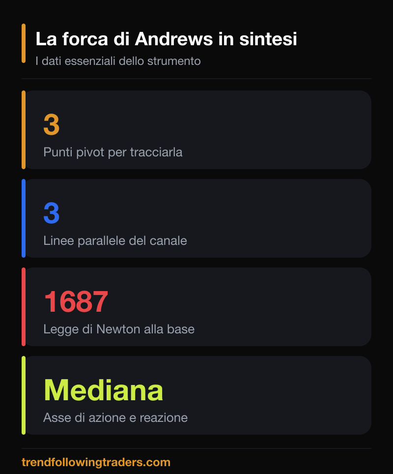 La forca di Andrews in sintesi: tre punti pivot, tre linee, la mediana come asse di azione e reazione.