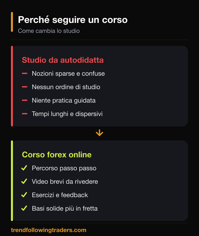 Perché seguire un corso forex online invece di studiare da autodidatta: percorso guidato e basi più solide.