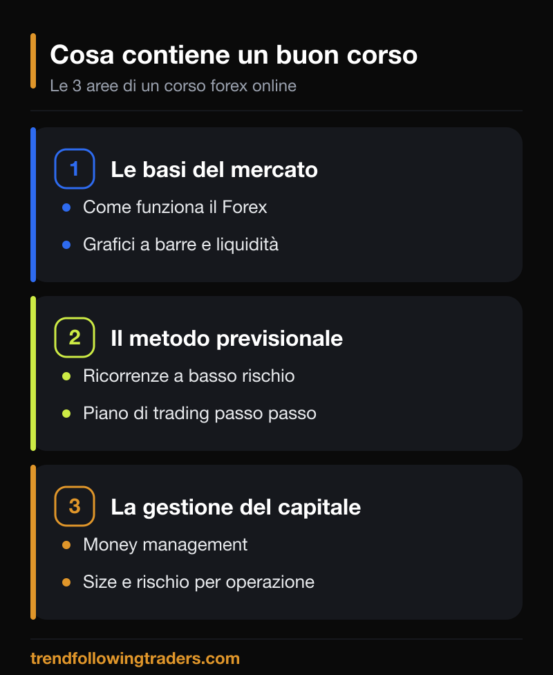 Cosa contiene un buon corso forex online: basi del mercato, metodo previsionale e gestione del capitale.