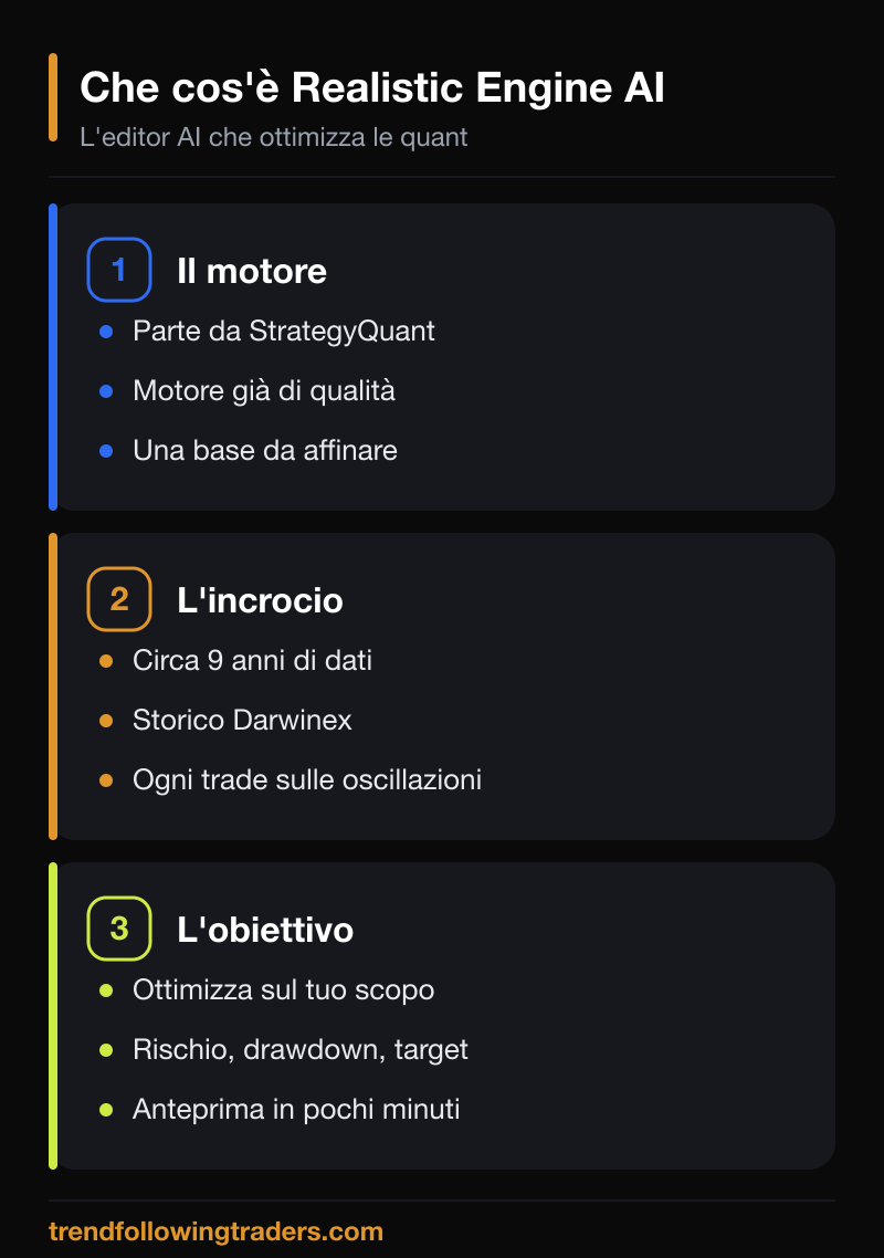 Che cos'è il Realistic Engine AI: il motore della strategia StrategyQuant incrociato dall'AI con circa 9 anni di dati per ottimizzare secondo l'obiettivo scelto.