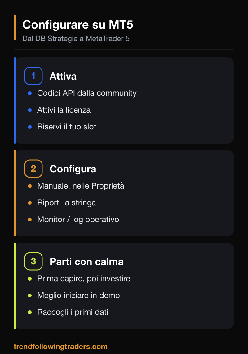 Come configurare il Realistic Engine AI su MT5: codici API e slot, configurazione manuale, monitor di log e partenza in demo.