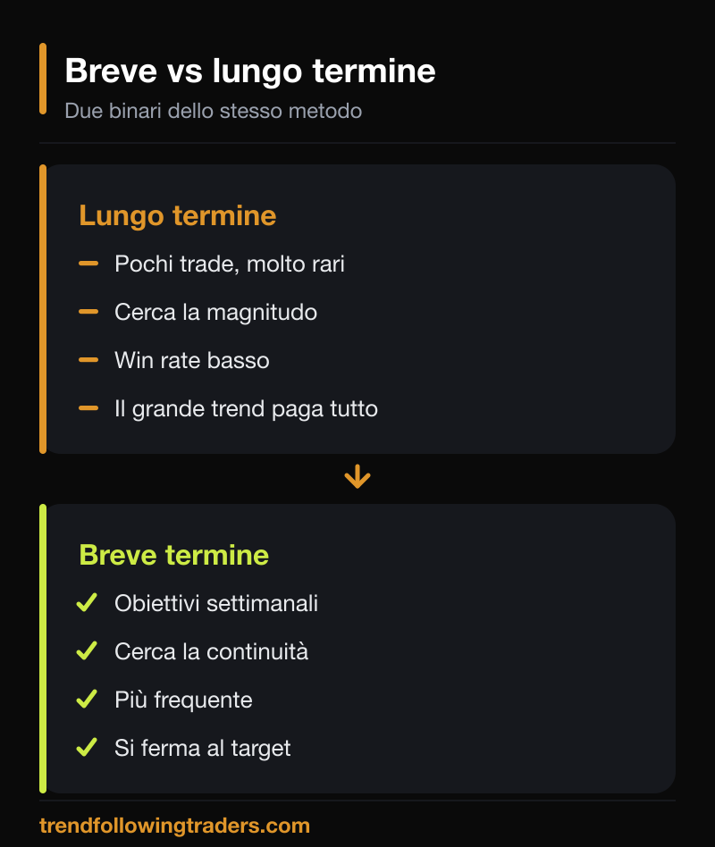 Trend following a breve e lungo termine a confronto: continuità e obiettivi settimanali contro magnitudo e pochi grandi trend.