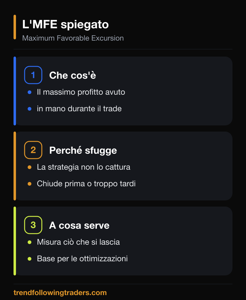 L'MFE, Maximum Favorable Excursion: il profitto che una strategia aveva in mano ma non è riuscita a catturare, base per le ottimizzazioni.